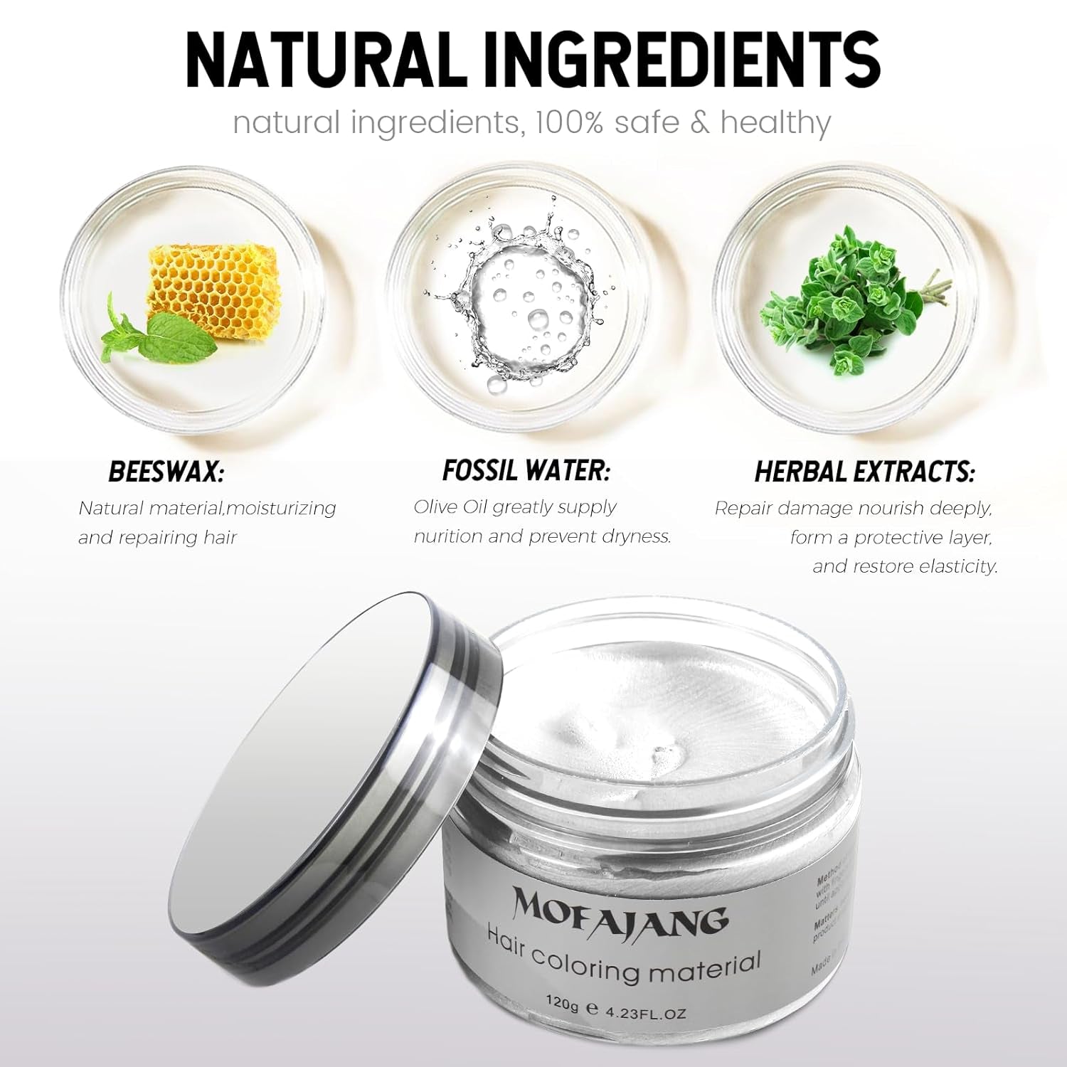 Culoare temporară a părului, Styling Hair Tone pentru bărbați femei, Pomadă pentru coafură naturală, Ceară pentru vopsirea părului pentru petreceri, Cosplay și Halloween, 4.23 oz (Silver Grey) Vopsea pentru par Naty Shop