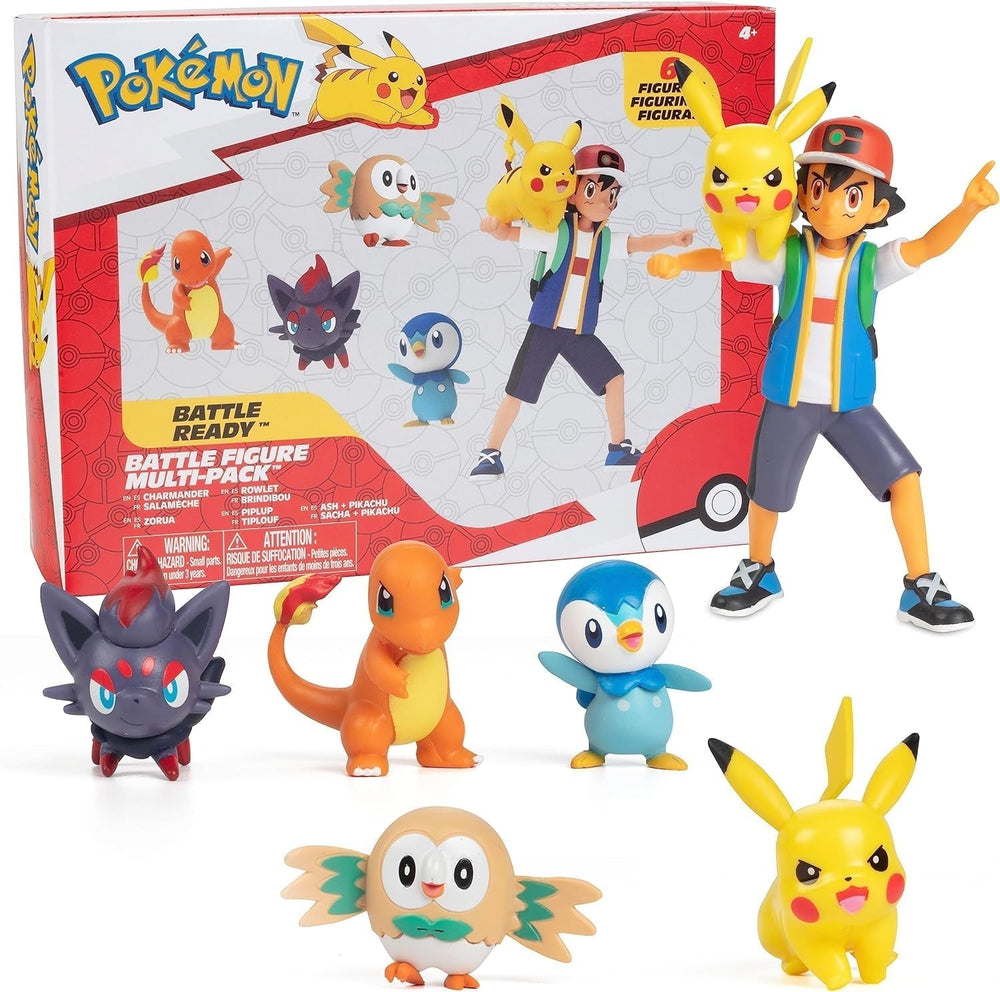 Bereit für den Pokémon-Kampf! 6-teiliges Figurenset – 11,4 cm Ash & Launching Pikachu, 5,1 cm Charmander, Rowlet, Piplup, Zorua – Offiziell lizenziert – Ostergeschenk für Kinder, Jungen, Mädchen. Actionfiguren Naty Shop Standardtitel