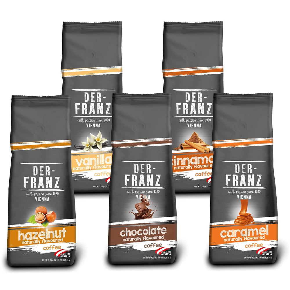 Der-Franz Kaffee Pack, ganze Bohne, aromatisiert, 5 x 500 g (1 x Haselnuss, 1 x Vanille, 1 x Schokolade, 1 x Zimt, 1 x Karamell)