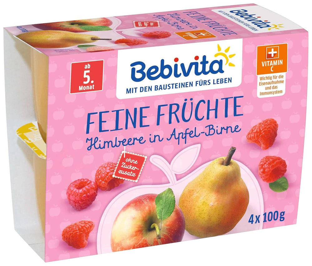 Fructe fine, zmeură în piure de măr-pere, pachet de 6 (6 x 4 x 100 g) Mama si Copilul Naty Shop Set de 6 ( 6 X 4 X 100 G ) Zmeură În Piure de Mere si Pere