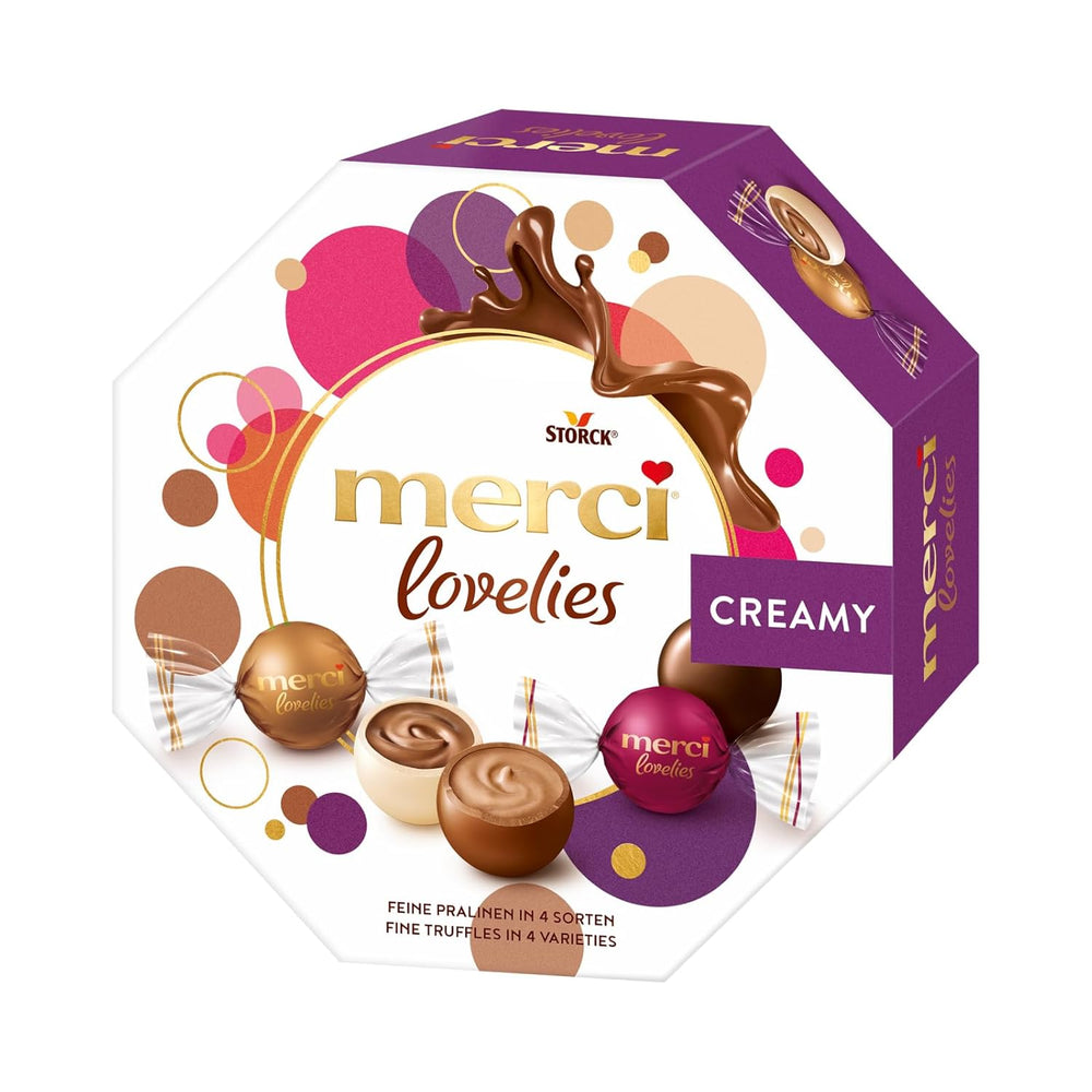merci lovelies Creamy – 1 x 185g – Pralinenschachtel mit 4 gefüllten Schokoladenspezialitäten – Schokokugeln zum Teilen und Verschenken