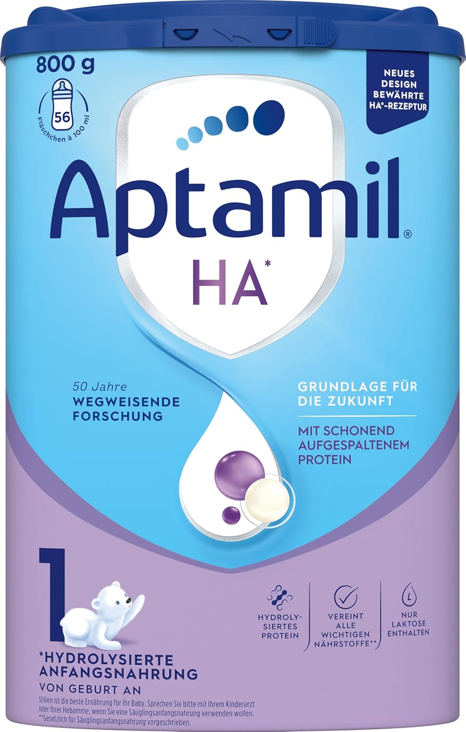 Aptamil HA 1 - Säuglingsnahrung ab der Geburt, mit DHA, laktosefrei, palmölfrei, Babynahrung, Milchpulver, 1 x 800 g
