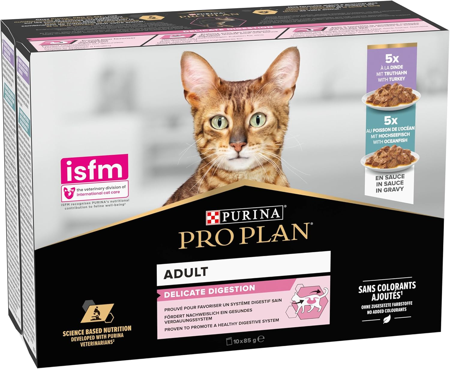 Purina Pro Plan Hrană umedă pentru pisici, pentru adulți, delicat bogată în curcan și pește, 4 pachete a 10 pungi a 85 g