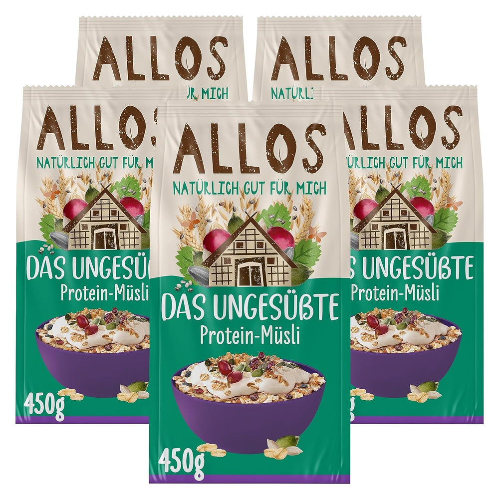 Allos ungesüßtes Proteinmüsli | Bio-Müsli | Haferflocken | Müsli zum Frühstück | Vegan (5 x 450g), 1 Stück (5er Pack)