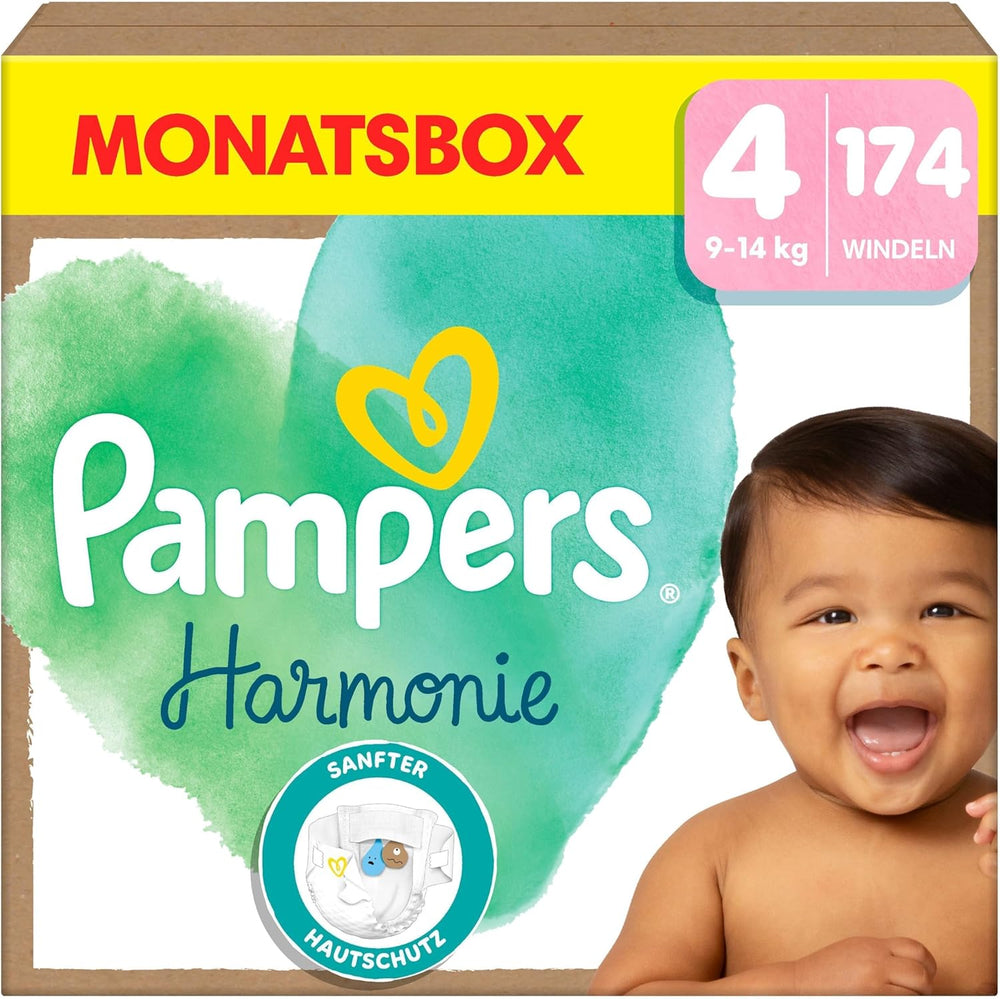 Pampers Harmony Windeln, Größe 4, 174 Windeln, 9 kg–14 kg, sanfter Hautschutz mit 100 % Pampers-Schutz