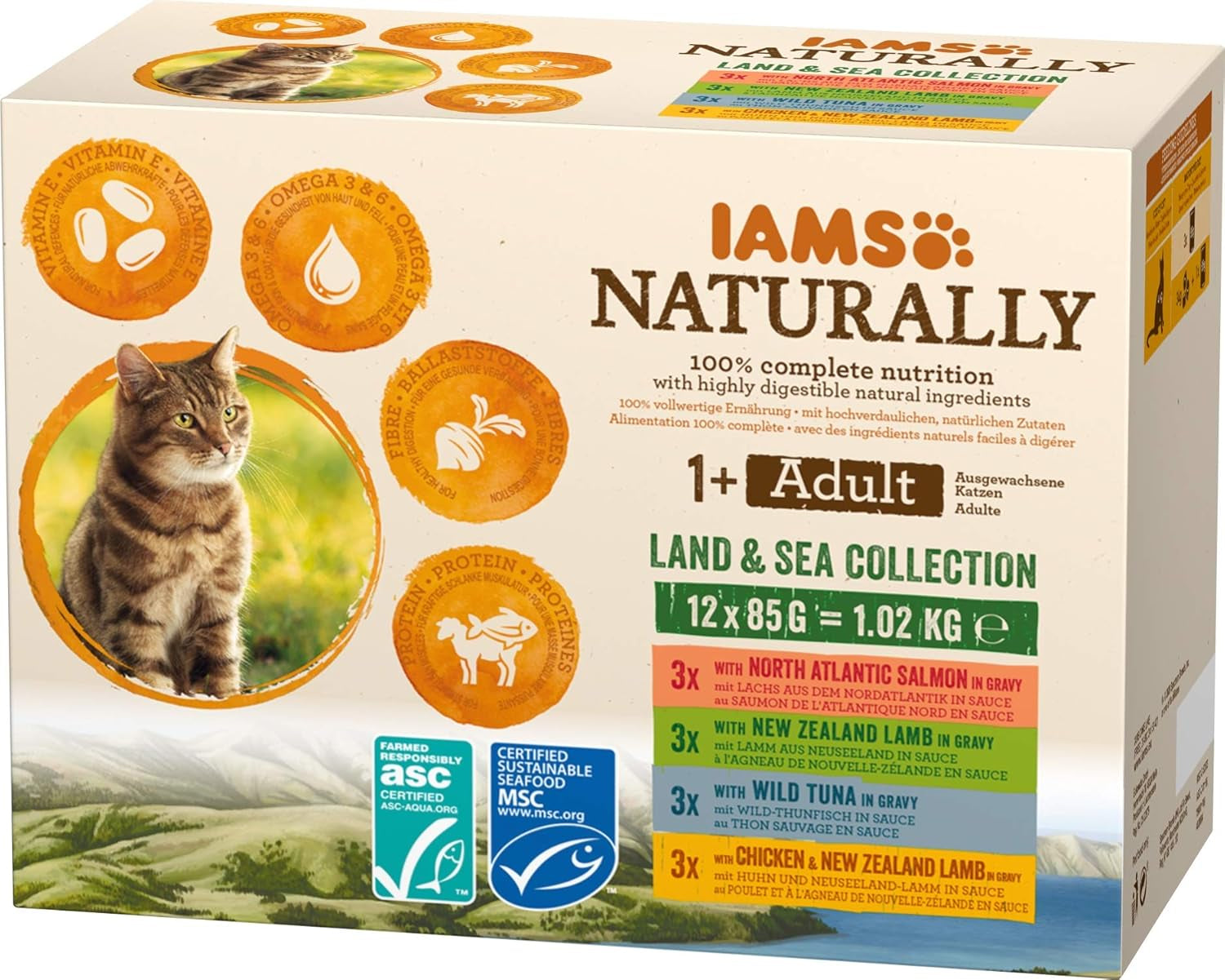 IAMS Naturally Cat Food Wet in Sauce - Hrană umedă de înaltă calitate cu carne și pește pentru pisici adulte, Land & Sea Collection, 12 X 85 G