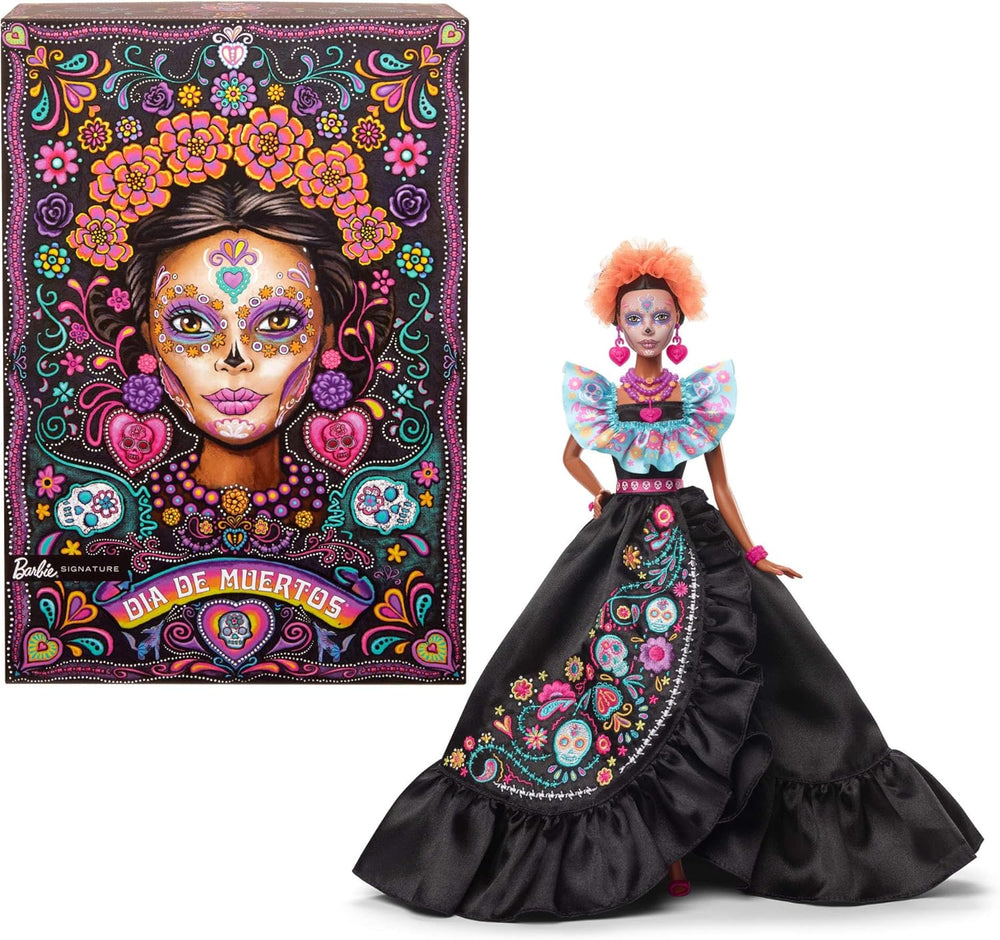 Păpușa Barbie Signature, figurină de colecție Día De Muertos 2024 cu rochie neagră și top albastru cu volane, imprimeu brodat și accesorii colorate, HRM72