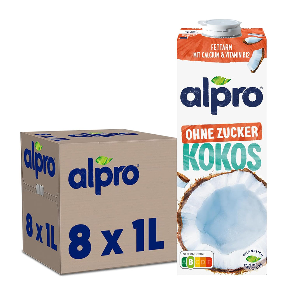 Alpro Kokosnussdrink ohne Zucker – Ohne Süßstoffe – Vegan und milchfrei – Von Natur aus laktosefrei und fettarm – Reich an Kalzium und Vitaminen – 8 x 1 L