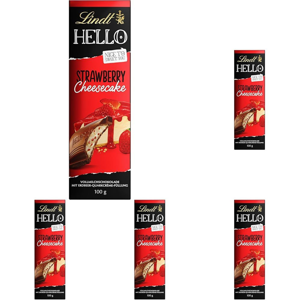 Lindt HELLO Erdbeer-Schokoladen-Käsekuchen | Riegel 100g | Milchschokolade mit Erdbeer-Quark-Creme-Füllung | Schokoriegel | Schokoladengeschenk (5er-Pack)