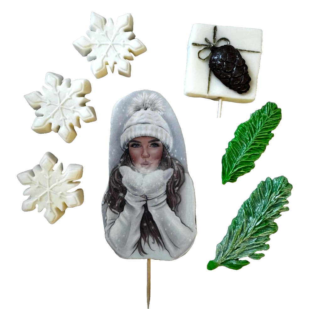 Set mit 7 essbaren Dekorationen aus Zuckerpaste, schöne Dame, weißer Hut. Dekorationen aus Zuckerpaste, Naty Shop