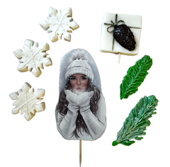 Set mit 7 essbaren Dekorationen aus Zuckerpaste, schöne Dame, weißer Hut. Dekorationen aus Zuckerpaste, Naty Shop