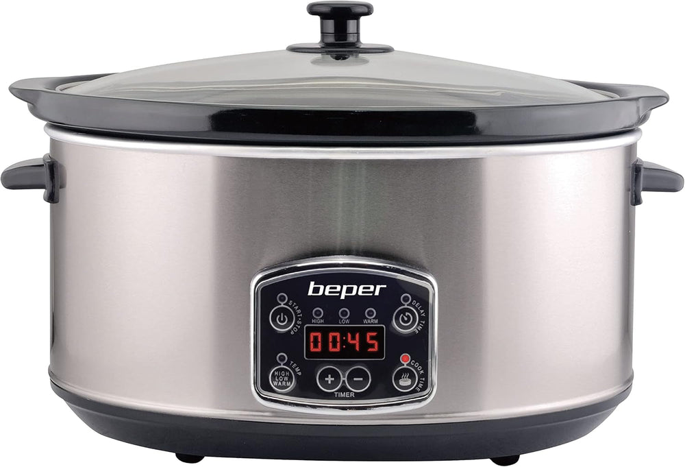 Beper BC.510 Slow Cooker, 280 W, 4,5 Liter, Keramikglas, Schwarz und Stahl Slow Cooker Naty Shop Standardtitel