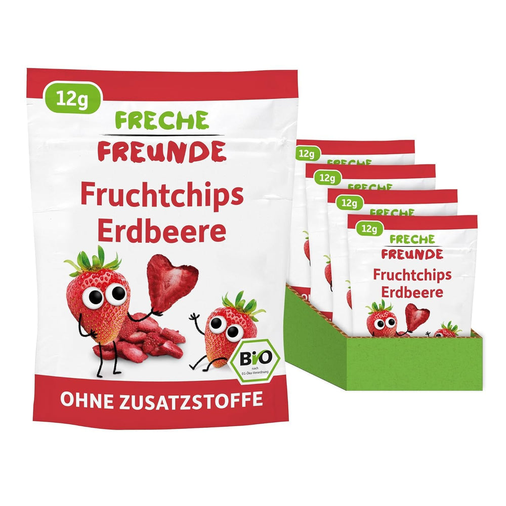 FRECHE FREUNDE Bio-Erdbeer-Fruchtchips, gefriergetrocknete Fruchtchips, natürliche geschnittene Trockenfrüchte ohne Zuckerzusatz, vegan, laktosefrei, glutenfrei, 12er-Pack (12 x 12 g)