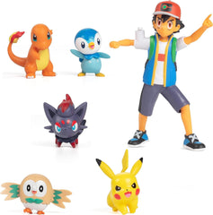 Bereit für den Pokémon-Kampf! 6-teiliges Figurenset – 11,4 cm Ash & Launching Pikachu, 5,1 cm Charmander, Rowlet, Piplup, Zorua – Offiziell lizenziert – Ostergeschenk für Kinder, Jungen, Mädchen. Actionfiguren Naty Shop