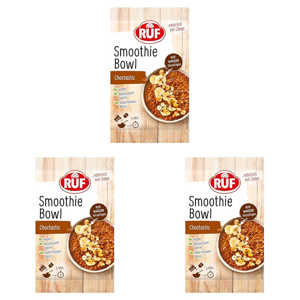RUF Smoothie Bowl Hafer, Banane, Nüsse, Schokolade, Frühstückssnack, schnell und einfach, vegan, 1 Beutel x 50 g (3er-Pack)
