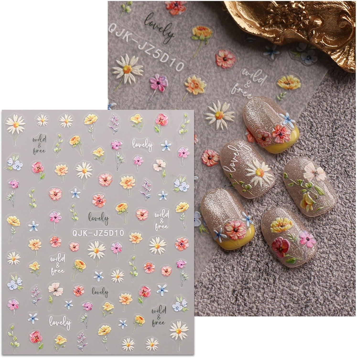JMEOWIO 3D Nagelsticker Blumen Nail Art Sticker Selbstklebend Nagelaufkleber 5D Stereoskopisch Frühling Sommer Blumen Dekoration Nageldesign Zubehör 4 Blatt