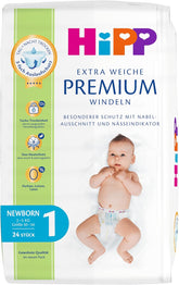 Windel HiPP Extra Soft Premium Größe 1 Neugeborene 2-5 kg, 72 Stück (3 Packungen à 24 Stück), mit 3-Wege-Auslaufschutz und doppeltem Hautschutz