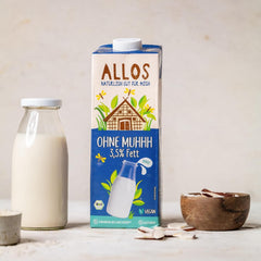 Allos Bio Ohne Muhhh 3,5% | Milchalternative | Getränk auf Pflanzenbasis | vegan | schäumbar | perfekt für laktosefreien Kaffee | Quellen für Kalzium und Vitamine | Reich an Protein | 1 Liter (6 Stück)