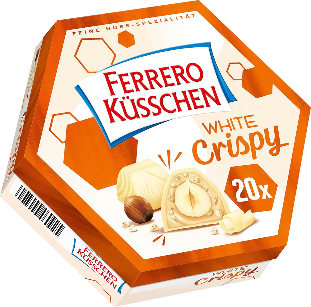 Ferrero Küsschen White Crispy – Valentinstagsgeschenk für Sie und Ihn – Knusprig geröstete Haselnüsse in heller Creme mit knusprigen Chips, umhüllt von weißer Schokolade, 1 Packung mit 20 einzelnen Pralinen