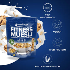 IronMaxx Fitness Müsli - Cookies & Cream, 2 kg Beutel | Proteinreiches veganes Müsli mit knusprigem Inhalt | Wenig Zucker und viel Ballaststoffe