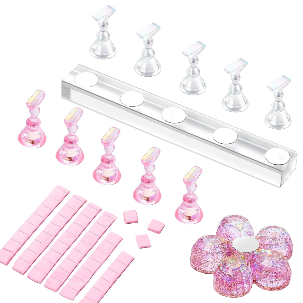 Suport acrilic pentru unghii Makartt, suport pentru unghii magnetic, suport pentru unghii, suport pentru unghii roz transparent, cu 48 de chit adeziv