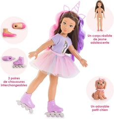 Corolle 9000600030 - Girls Luna Einhorn Set, Knöchelpuppe im Sommeroutfit mit Hund, mit Haarband, Ohrringen und extra Gummistiefel, 28cm Spielpuppe mit Vanilleduft, ab 4 Jahren