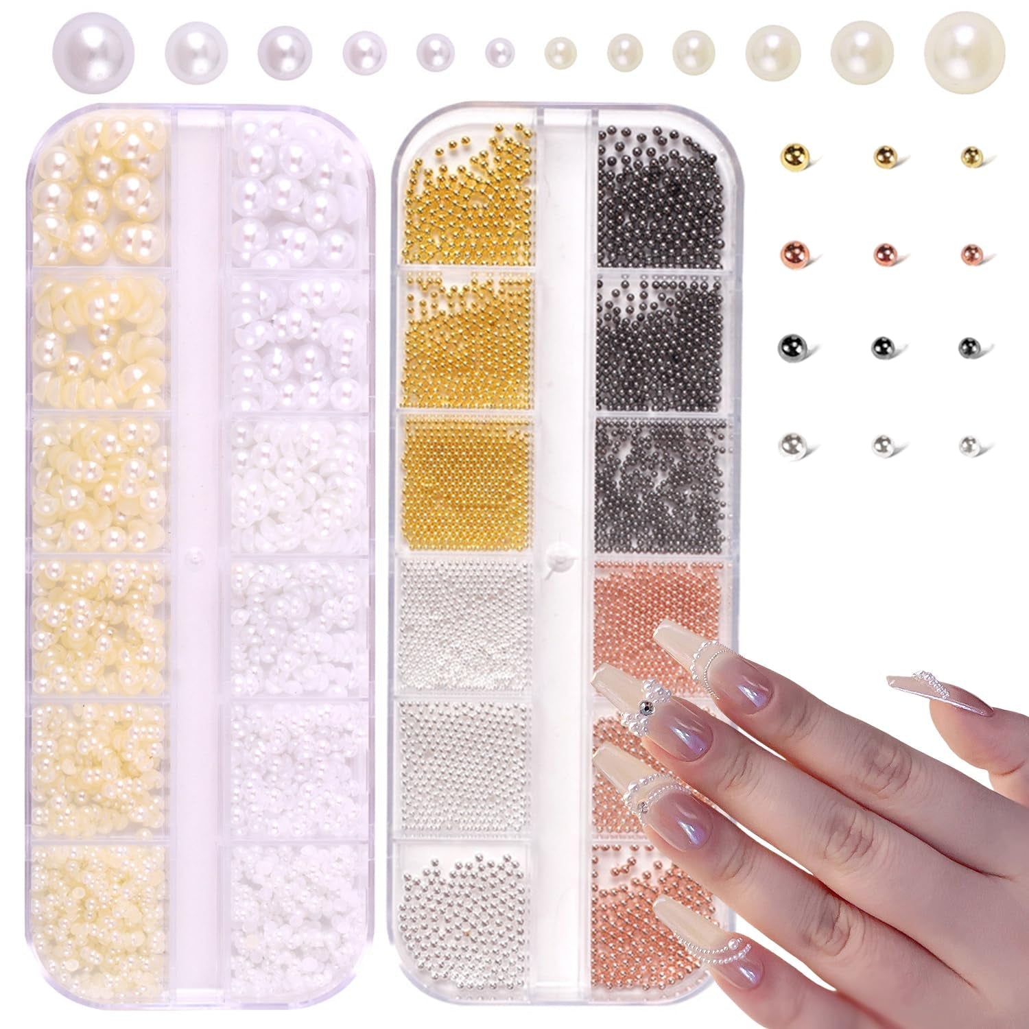 GZMAYUEN Nailart Perlen Micro Kaviar Für Nägel, 0.3-3Mm Goldene Silber Mini Kaviar Strasssteine, Weiß Beige Mini Nägel Perlen Mikroperlen Dekor Für Nägel