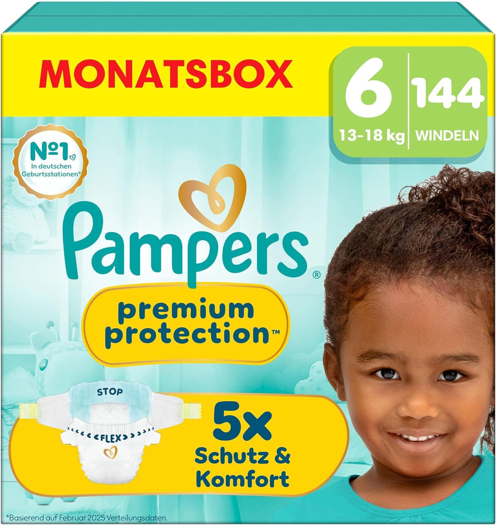 Pampers Premium Protection Größe 6, 144 Windeln, 13 kg–18 kg, unser Nr. 1 Haut- und Auslaufschutz