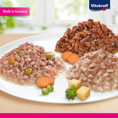 Vitakraft Poésie Création, Tender Selection, Hrană umedă pentru pisici, Hrană umedă pentru pisici în sos, cu pui, cu curcan, cu vită, fără adaos de zahăr și cereale (1 pachet de 6 x 85g)