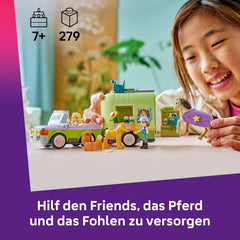 LEGO Friends Pferd und Fohlen mit Pferdeanhänger – Pferde Spieleset mit Pflegezubehör, 4 Tierfiguren, Auto & 2 Mini Puppen – Geschenkeidee zum Geburtstag für Mädchen ab 7 Jahren – 42695