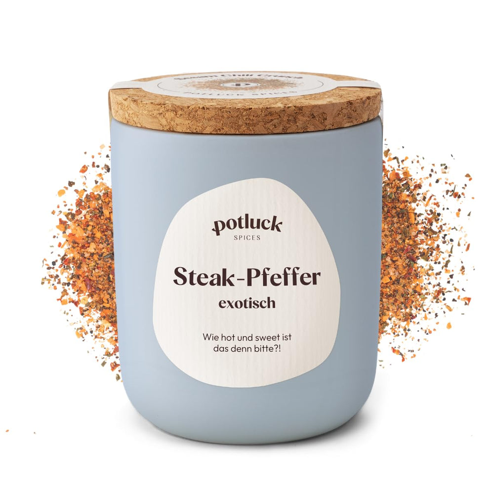 Potluck | Steak-Pfeffer exotisch | Gewürzzubereitung im Keramiktopf | 80g | Vegan, glutenfrei und mit natürlichen Zutaten