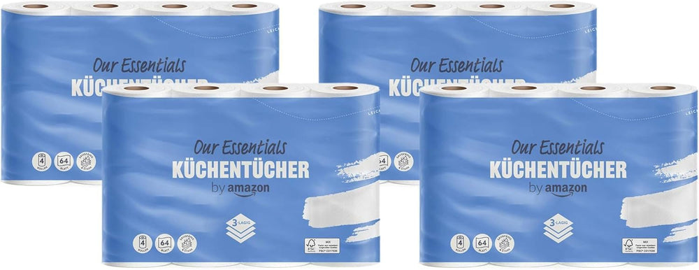 By Amazon Rolă de bucătărie, 3 straturi, 16 role (4 role, pachet de 4), 64 de foi pe rolă, certificată Fsc