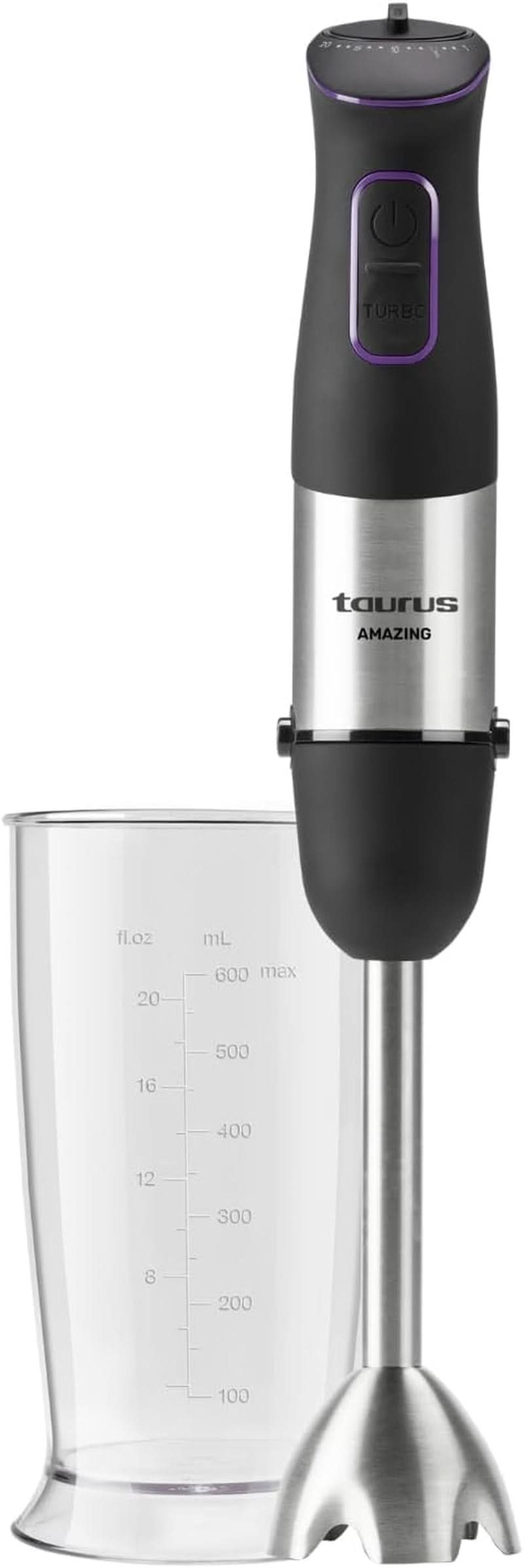 Taurus Stabmixer 1000W | 20 Geschwindigkeitsstufen | Turbo-Funktion | 4 Edelstahlklingen | Ergonomisches Soft-Touch-Design | Spritzschutz | Zubehör | Edelstahl | Elektrisch |Kunststoff, Silber/Schwarz Mama si Copilul Naty Shop 1000W | 1 Zubehör