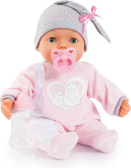 Bayer Design 93829AA Păpușa interactivă My Piccolina cu funcție, Păpușă vorbitoare, Mișcă gura, 38 cm, Suzetă, Biberon, Roz, Gri