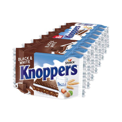 Weiße und schwarze Knoppers – 8 x 25 g – Waffelscheiben gefüllt mit dunklen Kakaowaffeln, schwarzen Keksstücken, Milch und Nougatcreme