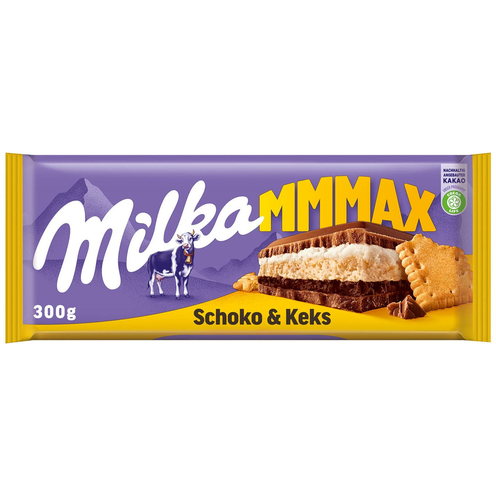 Milka Mmax Schokolade und Kekse – Alpenmilchschokolade mit Milchcremefüllung und knusprigen Keksstückchen – 300g