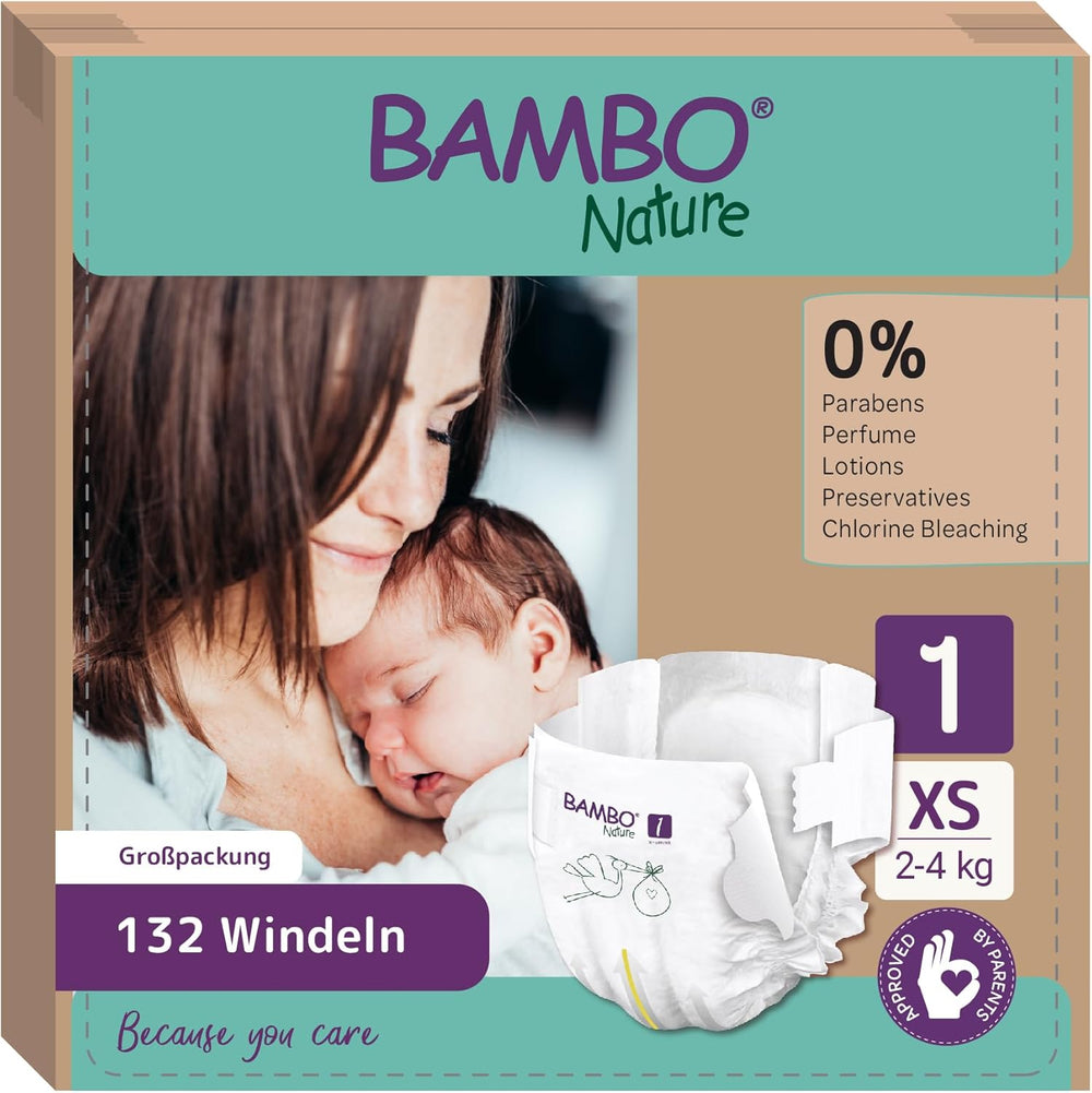 Bambo Nature Babywindeln, Größe 1 (2–4 kg), 132 Stück Monatsbox | Premium-Windeln mit verbessertem Auslaufschutz | Ultimativer Komfort und Freiheit für Neugeborene | Dermatologisch getestete Windeln