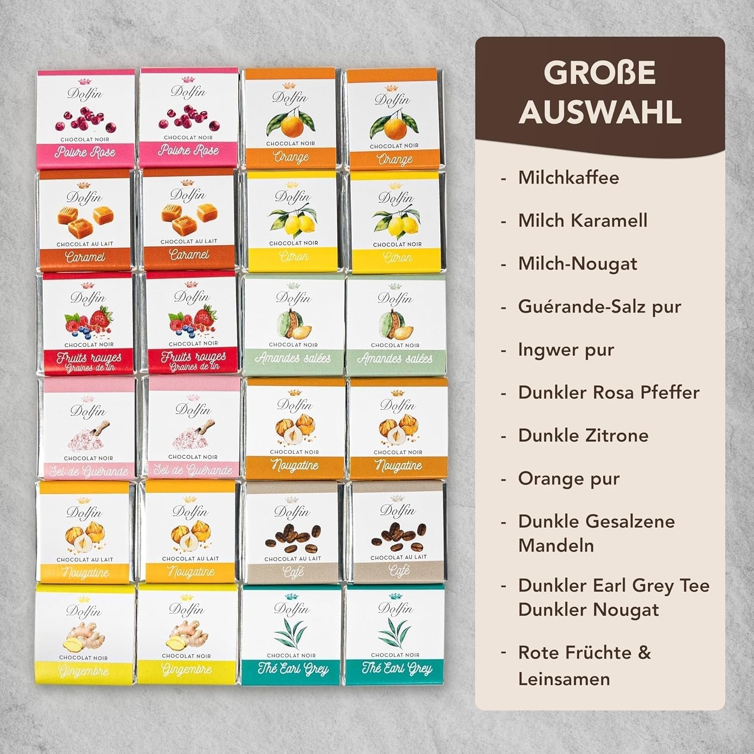 Dolfin Selected Chocolates, Panache - 24 de pătrate - 12 arome delicioase Bomboane de Ciocolata Naty Shop