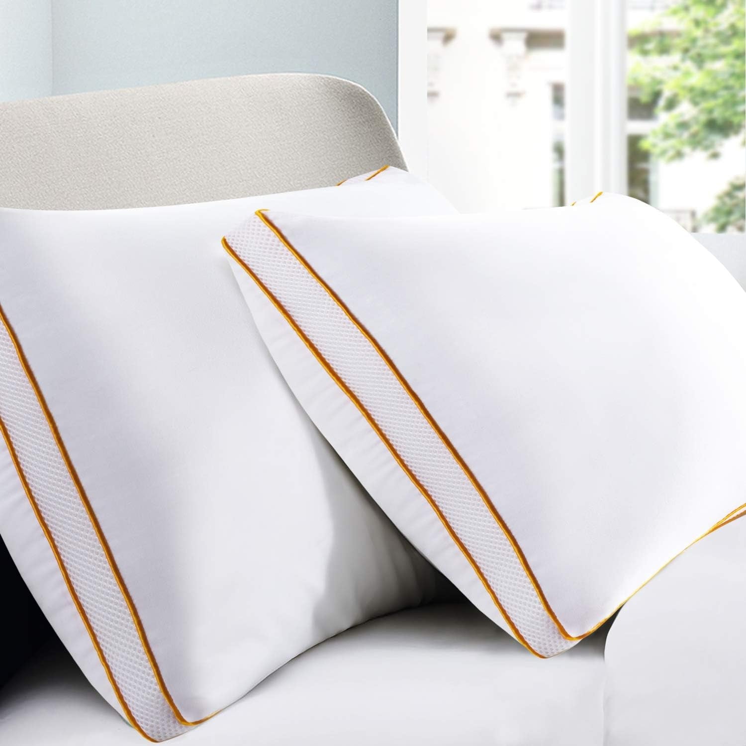 Pernă Maxzzz, pernă de lux, calitate hotelieră, pernă moale pentru dormit cu o parte din plasă respirabilă, pernă de pat elastică, pernă de susținere, umplutură din microfibră alternativă cu puf (dimensiune standard), 2 bucăți Perne standard Naty Shop Culori aurii