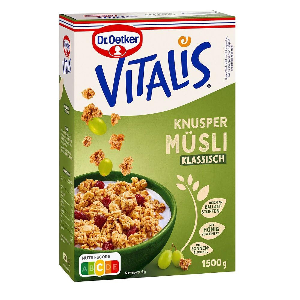 Dr. Oetker Vitalis Classic Knuspermüsli: Großpackung knuspriges Frühstücksmüsli mit Rosinen, 1 Packung, 1,5 kg