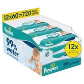 Pampers Baby-Feuchttücher mit 99 % Wassergehalt, 12 Packungen mit je 60 Tüchern = 720 Baby-Feuchttücher, leichte Lotion mit 99 % Wasser