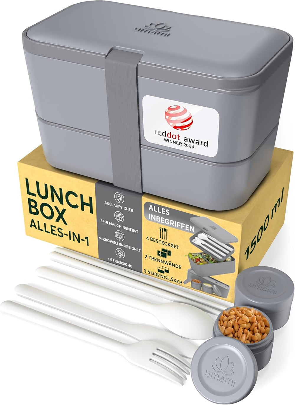 Cutie de prânz Umami pentru adulți, cutie bento stivuibilă etanșă cu 4 tacâmuri și compartimente, cutie de prânz pentru adulți, recipient pentru salată to-go, cutie de prânz pentru picnic / birou, gri cărbune, 1500 ml Cutii depozitare alimente Naty Shop Gri cărbune L - 1500 Ml Stivuibile unul în celălalt