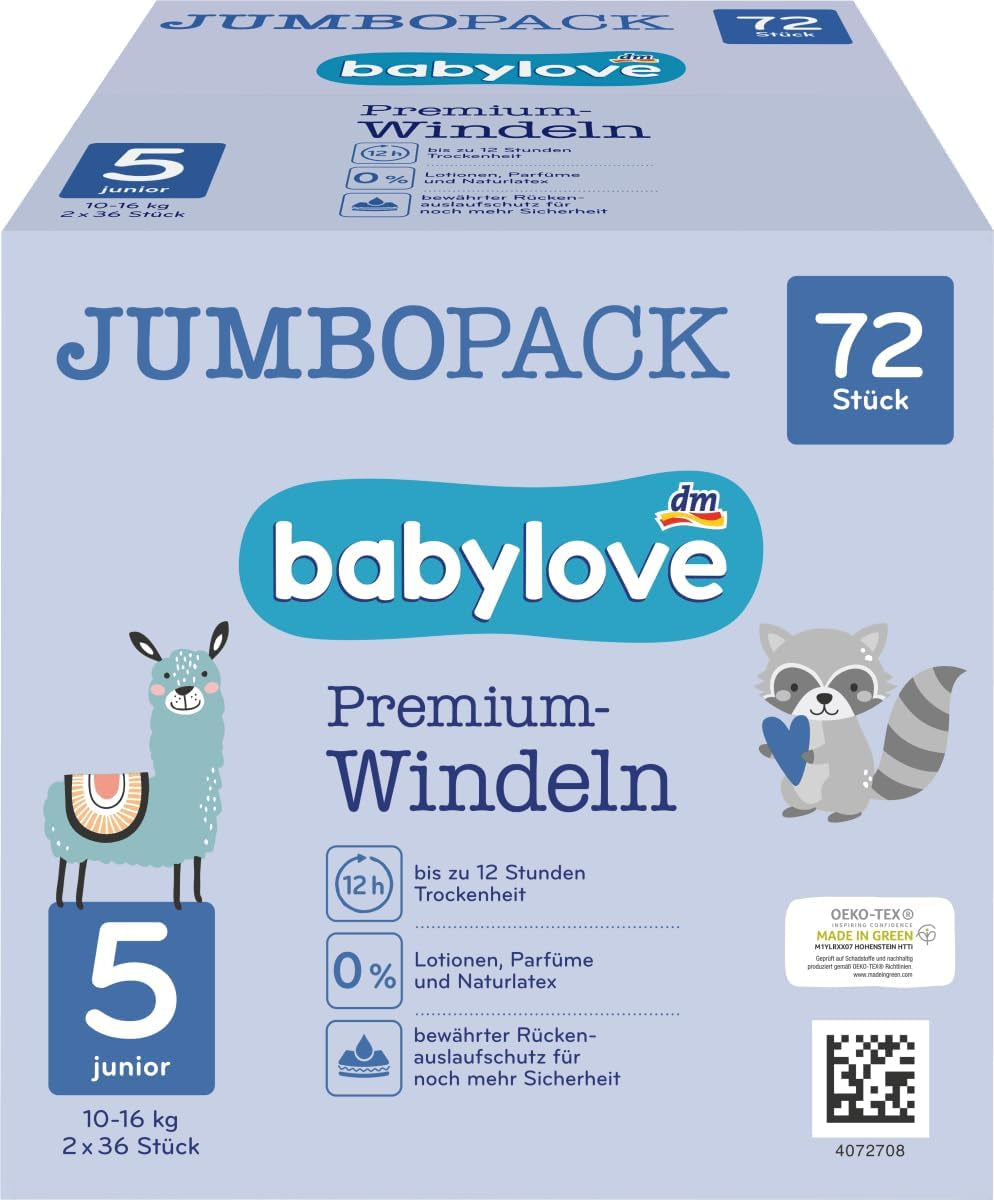 Windeln Premium Active Plus, Größe 5, Junior 12-25 kg, Jumbo-Packung, 2 x 36 Stück, 72 Stück
