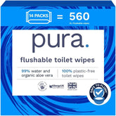 Șervețele umede ecologice, de unică folosință, 560 de șervețele (14 x 40 de șervețele), pachet lunar, 100% fără plastic, 99% apă, șervețele umede sensibile și îngrijitoare, certificate „Fine to Flush”, biodegradabile, vegane