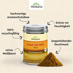 Herbaria Good Old Mild Curry bio 80g M-Dose – Currypulver, Currymischung - Bio-Gewürzmischung für klassische Curry-Spezialitäten z.B. Currywurst – erlesene Zutat in nachhaltiger Aromaschutz-Dose