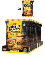 Nissin Ramen Premium - Shoyu Yuzu 10er-Pack luftgetrocknete Instant-Nudeln nach japanischer Art, aromatisiert mit Yuzu-Sojasauce und getrocknetem Lauch (10 x 92,7 g)