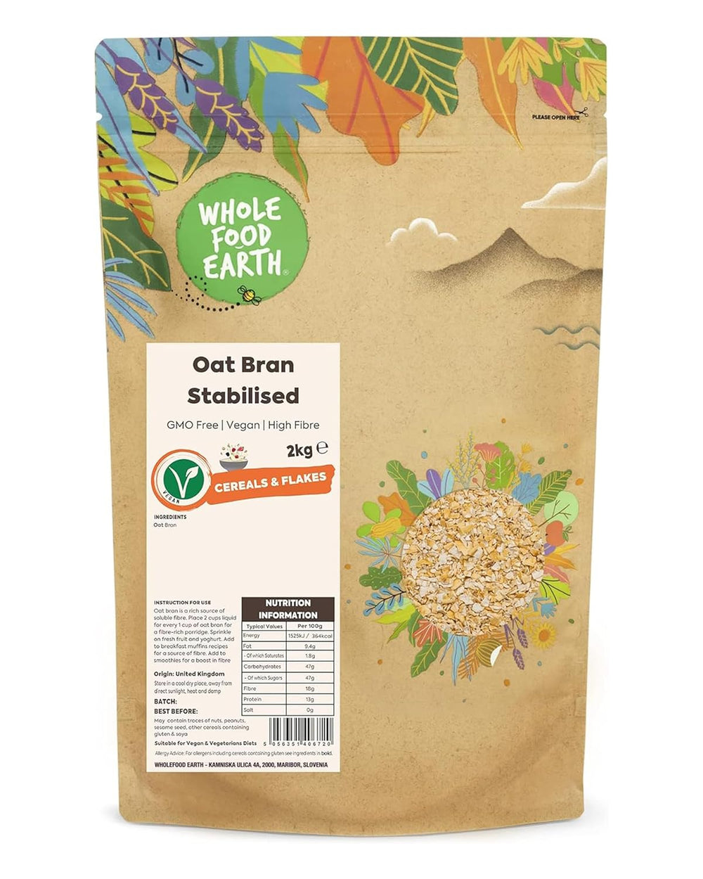 Wholefood Earth stabilisierte Haferkleie 2 kg | GVO-frei | Reich an Ballaststoffen