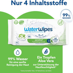 WaterWipes Sensitive+ Hydrating Boost Feuchttücher, feuchtigkeitsspendende Tücher, 360 Stück (6er-Pack), 3-in-1-Reinigung, Pflege, Hydratation, 99 % Aloe-Vera-Wasser, parfümfreie Babytücher