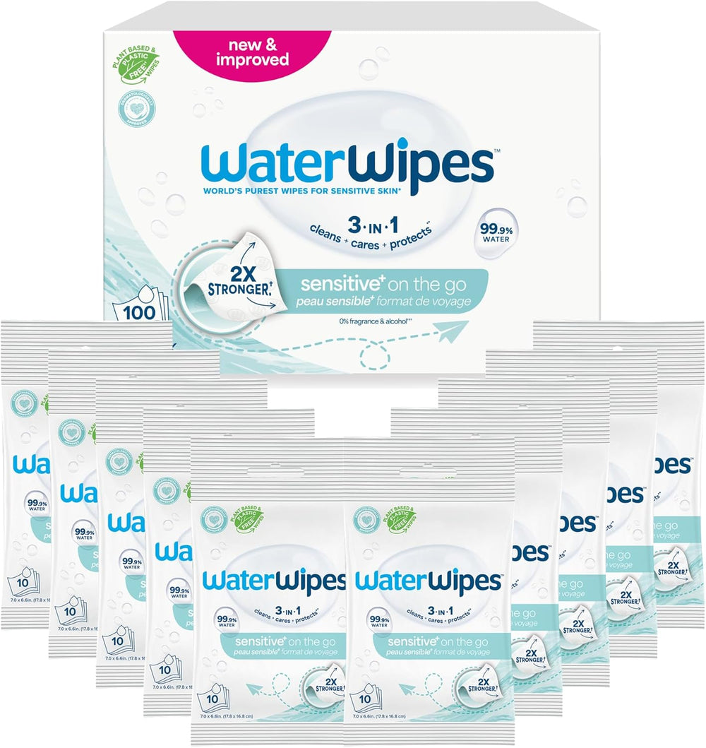 WaterWipes Sensitive+ Feuchttücher für unterwegs, 100 Tücher (10er-Pack), 3-in-1 reinigt, pflegt, schützt, 99,9 % Wasser, parfümfreie Tücher