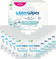 WaterWipes Sensitive+ Feuchttücher für unterwegs, 100 Tücher (10er-Pack), 3-in-1 reinigt, pflegt, schützt, 99,9 % Wasser, parfümfreie Tücher